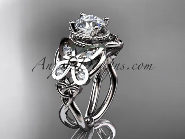 14kt white gold diamond celtic trinity knot wedding ring,butterfly engagement ring with a "Forever One" Moissanite center stone CT7136 - AnjaysDesigns