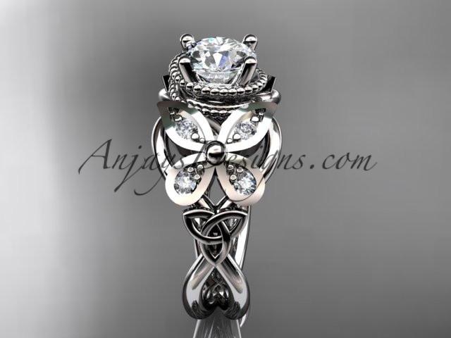 14kt white gold diamond celtic trinity knot wedding ring,butterfly engagement ring with a "Forever One" Moissanite center stone CT7136 - AnjaysDesigns