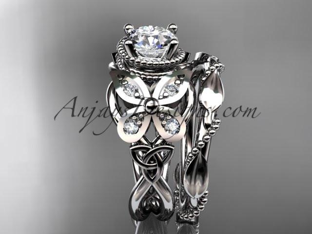 14kt white gold diamond celtic trinity knot wedding ring, butterfly engagement set with a "Forever One" Moissanite center stone CT7136S - AnjaysDesigns