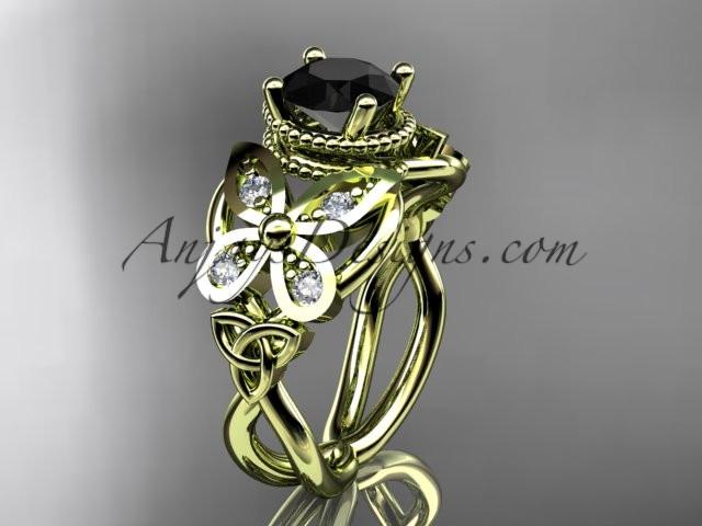 14kt yellow gold diamond celtic trinity knot wedding ring,butterfly engagement ring with a Black Diamond center stone CT7136 - AnjaysDesigns