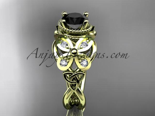 14kt yellow gold diamond celtic trinity knot wedding ring,butterfly engagement ring with a Black Diamond center stone CT7136 - AnjaysDesigns