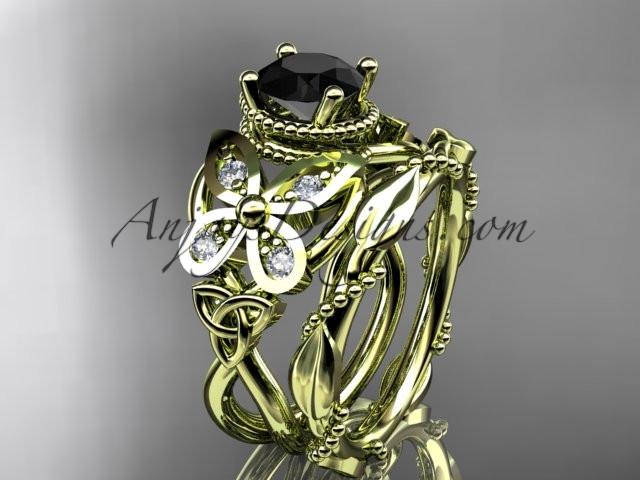 14kt yellow gold diamond celtic trinity knot wedding ring, butterfly engagement set with a Black Diamond center stone CT7136S - AnjaysDesigns
