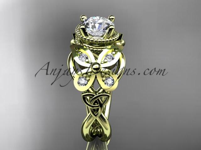 14kt yellow gold diamond celtic trinity knot wedding ring,butterfly engagement ring with a "Forever One" Moissanite center stone CT7136 - AnjaysDesigns