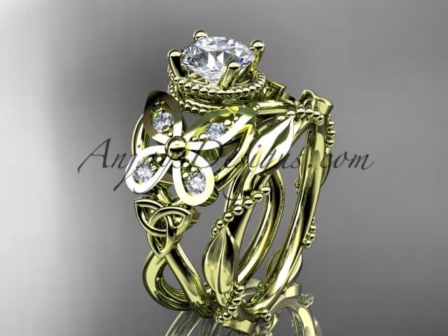 14kt yellow gold diamond celtic trinity knot wedding ring, butterfly engagement set with a "Forever One" Moissanite center stone CT7136S - AnjaysDesigns