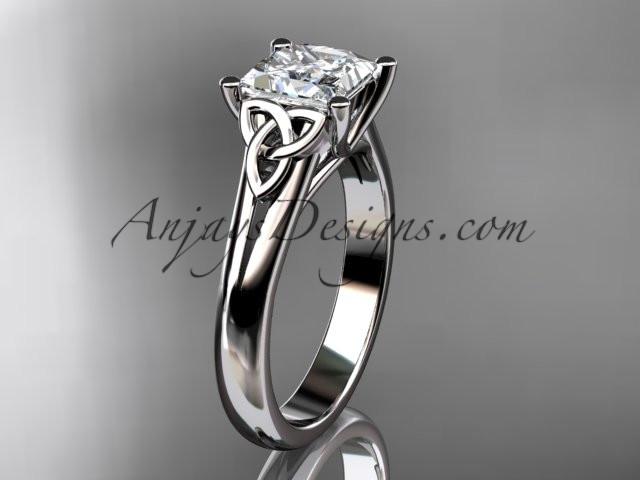 platinum celtic trinity knot wedding ring, engagement ring with a Princess cut "Forever One" Moissanite center stone CT7143 - AnjaysDesigns