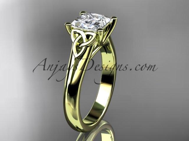 14kt yellow gold celtic trinity knot wedding ring, engagement ring with a Princess cut "Forever One" Moissanite center stone CT7143 - AnjaysDesigns