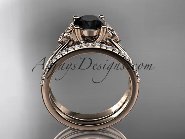 14kt rose gold diamond celtic trinity knot wedding ring, engagement set with a Black Diamond center stone CT7154S - AnjaysDesigns