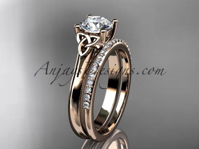 14kt rose gold diamond celtic trinity knot wedding ring, engagement set with a "Forever One" Moissanite center stone CT7154S - AnjaysDesigns