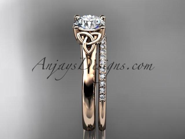 14kt rose gold diamond celtic trinity knot wedding ring, engagement set with a "Forever One" Moissanite center stone CT7154S - AnjaysDesigns