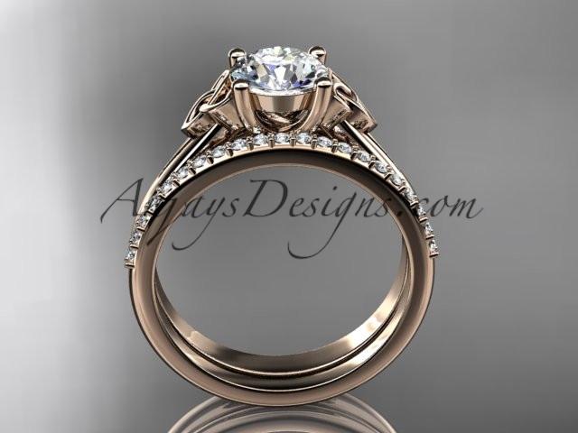 14kt rose gold diamond celtic trinity knot wedding ring, engagement set with a "Forever One" Moissanite center stone CT7154S - AnjaysDesigns