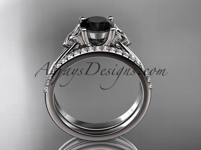 platinum diamond celtic trinity knot wedding ring, engagement set with a Black Diamond center stone CT7154S - AnjaysDesigns