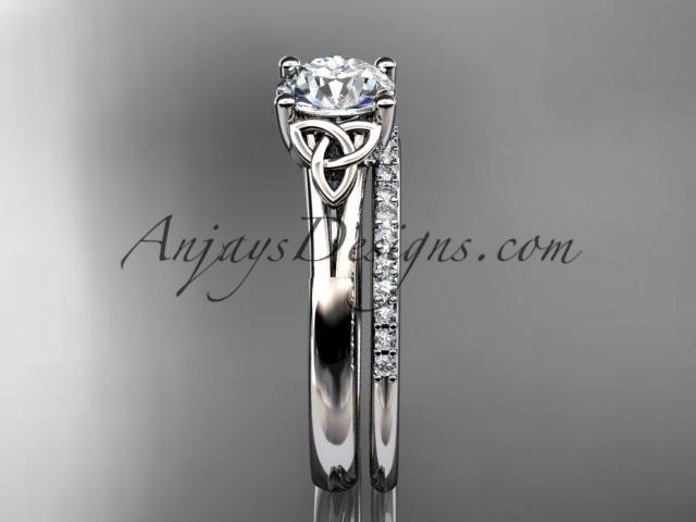 platinum diamond celtic trinity knot wedding ring, engagement set with a "Forever One" Moissanite center stone CT7154S - AnjaysDesigns