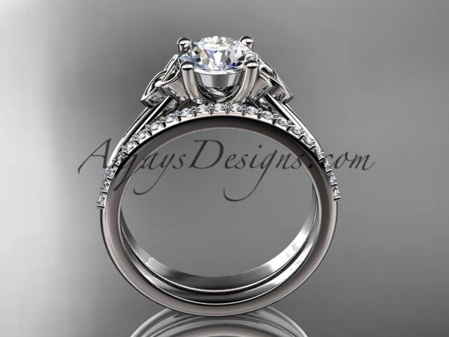 platinum diamond celtic trinity knot wedding ring, engagement set with a "Forever One" Moissanite center stone CT7154S - AnjaysDesigns