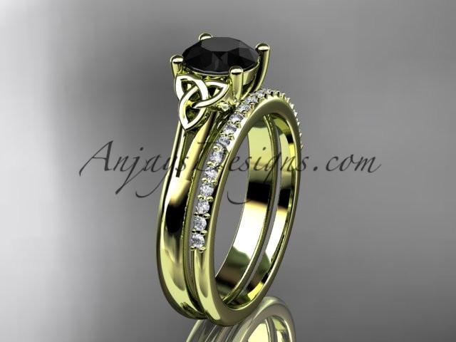 14kt yellow gold diamond celtic trinity knot wedding ring, engagement set with a Black Diamond center stone CT7154S - AnjaysDesigns