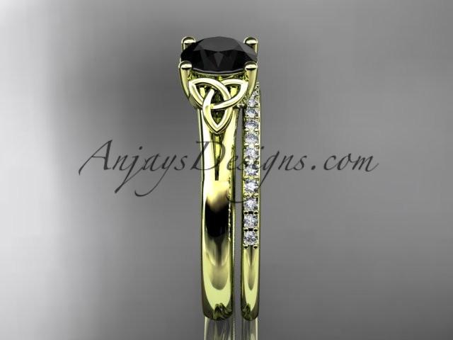 14kt yellow gold diamond celtic trinity knot wedding ring, engagement set with a Black Diamond center stone CT7154S - AnjaysDesigns