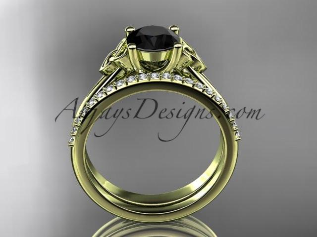 14kt yellow gold diamond celtic trinity knot wedding ring, engagement set with a Black Diamond center stone CT7154S - AnjaysDesigns