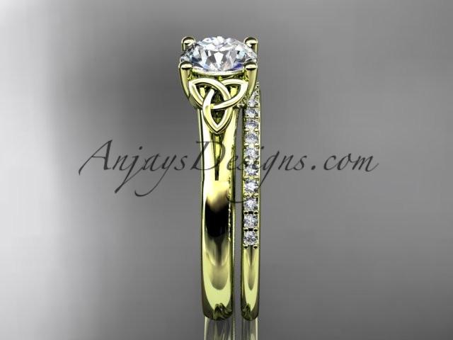 14kt yellow gold diamond celtic trinity knot wedding ring, engagement set with a "Forever One" Moissanite center stone CT7154S - AnjaysDesigns