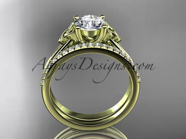 14kt yellow gold diamond celtic trinity knot wedding ring, engagement set with a "Forever One" Moissanite center stone CT7154S - AnjaysDesigns