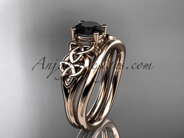 14kt rose gold celtic trinity knot wedding ring, engagement set with a Black Diamond center stone CT7169S - AnjaysDesigns