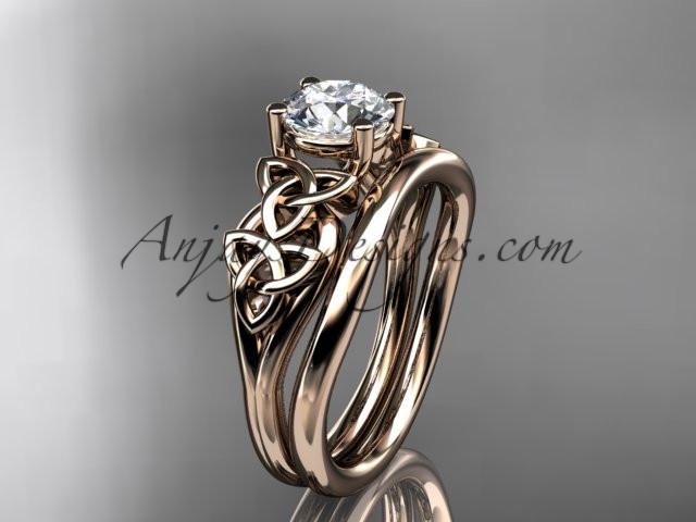 14kt rose gold celtic trinity knot wedding ring, engagement set with a "Forever One" Moissanite center stone CT7169S - AnjaysDesigns