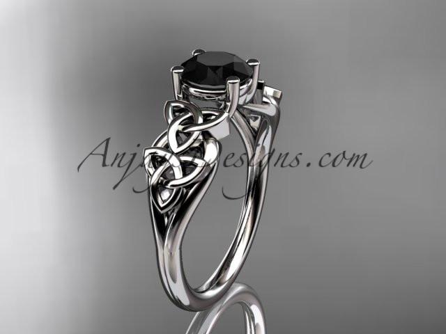 14kt white gold celtic trinity knot wedding ring, engagement ring with a Black Diamond center stone CT7169 - AnjaysDesigns