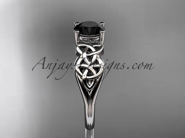 14kt white gold celtic trinity knot wedding ring, engagement ring with a Black Diamond center stone CT7169 - AnjaysDesigns