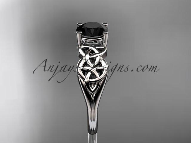 platinum celtic trinity knot wedding ring, engagement ring with a Black Diamond center stone CT7169 - AnjaysDesigns