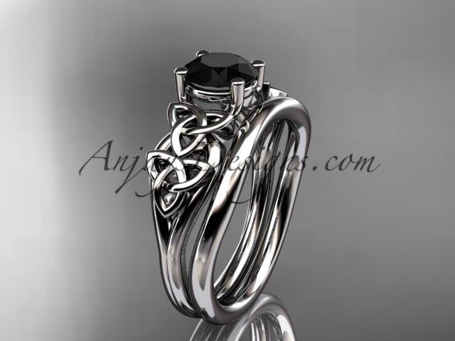platinum celtic trinity knot wedding ring, engagement set with a Black Diamond center stone CT7169S - AnjaysDesigns