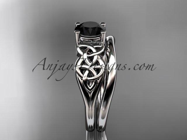platinum celtic trinity knot wedding ring, engagement set with a Black Diamond center stone CT7169S - AnjaysDesigns