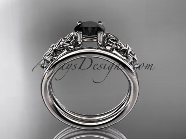 platinum celtic trinity knot wedding ring, engagement set with a Black Diamond center stone CT7169S - AnjaysDesigns