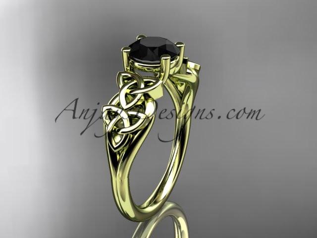 14kt yellow gold celtic trinity knot wedding ring, engagement ring with a Black Diamond center stone CT7169 - AnjaysDesigns