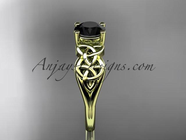 14kt yellow gold celtic trinity knot wedding ring, engagement ring with a Black Diamond center stone CT7169 - AnjaysDesigns