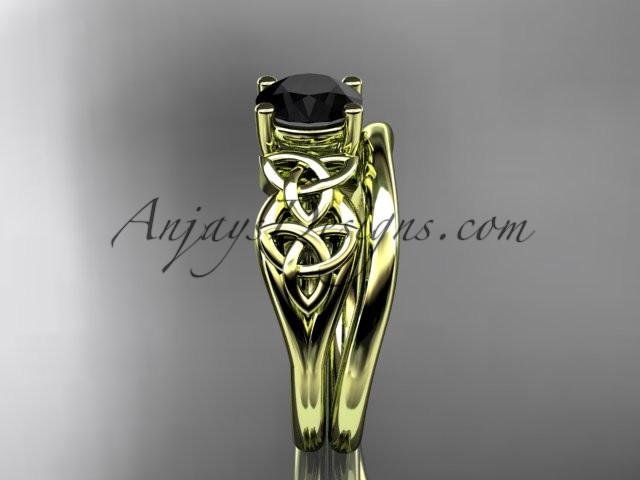 14kt yellow gold celtic trinity knot wedding ring, engagement set with a Black Diamond center stone CT7169S - AnjaysDesigns