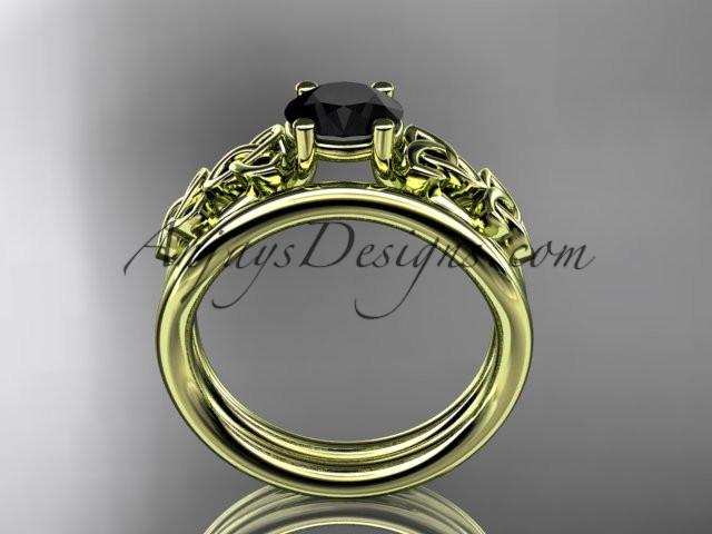 14kt yellow gold celtic trinity knot wedding ring, engagement set with a Black Diamond center stone CT7169S - AnjaysDesigns