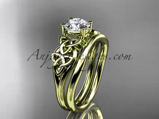 14kt yellow gold celtic trinity knot wedding ring, engagement set with a "Forever One" Moissanite center stone CT7169S - AnjaysDesigns