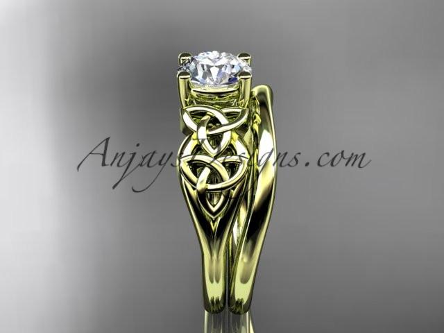 14kt yellow gold celtic trinity knot wedding ring, engagement set with a "Forever One" Moissanite center stone CT7169S - AnjaysDesigns