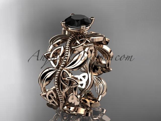 14kt rose gold celtic trinity knot wedding ring, engagement ring with a Black Diamond center stone CT7188 - AnjaysDesigns