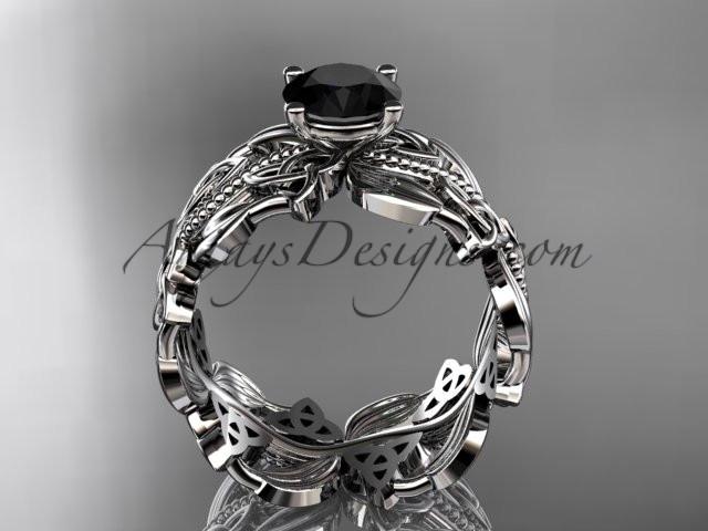 platinum celtic trinity knot wedding ring, engagement ring with a Black Diamond center stone CT7188 - AnjaysDesigns