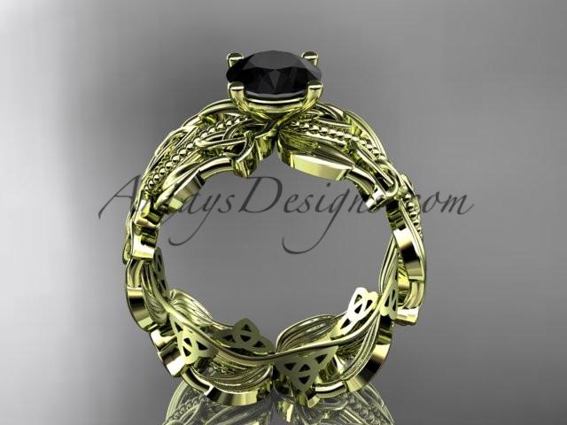 14kt yellow gold celtic trinity knot wedding ring, engagement ring with a Black Diamond center stone CT7188 - AnjaysDesigns