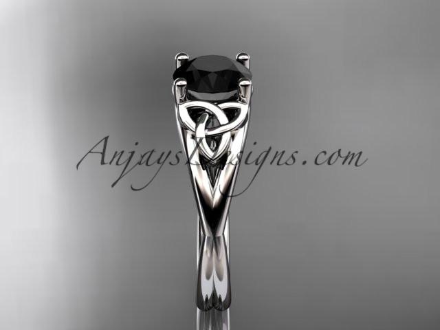 14kt white gold celtic trinity knot wedding ring, engagement ring with a Black Diamond center stone CT7189 - AnjaysDesigns