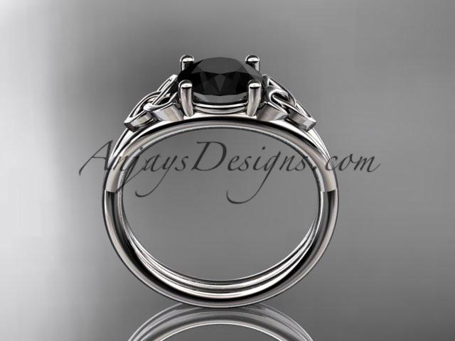 14kt white gold celtic trinity knot wedding ring, engagement ring with a Black Diamond center stone CT7189 - AnjaysDesigns