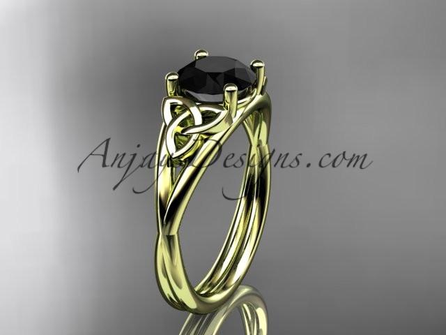 14kt yellow gold celtic trinity knot wedding ring, engagement ring with a Black Diamond center stone CT7189 - AnjaysDesigns