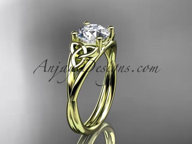 14kt yellow gold celtic trinity knot wedding ring, engagement ring with a "Forever One" Moissanite center stone CT7189 - AnjaysDesigns