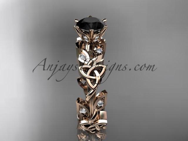 14kt rose gold diamond celtic trinity knot wedding ring, engagement ring with a Black Diamond center stone CT7209 - AnjaysDesigns