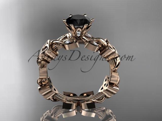 14kt rose gold diamond celtic trinity knot wedding ring, engagement ring with a Black Diamond center stone CT7209 - AnjaysDesigns