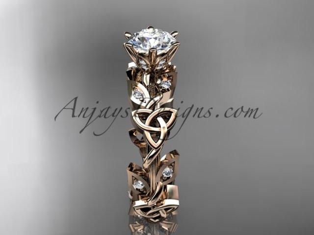 14kt rose gold diamond celtic trinity knot wedding ring, engagement ring with a "Forever One" Moissanite center stone CT7209 - AnjaysDesigns