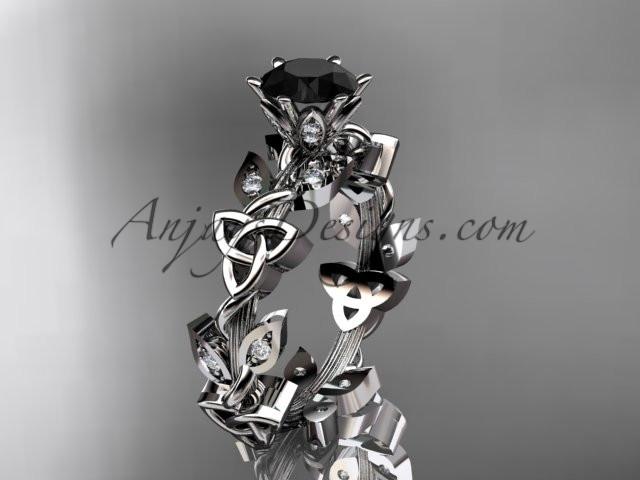 14kt white gold diamond celtic trinity knot wedding ring, engagement ring with a Black Diamond center stone CT7209 - AnjaysDesigns