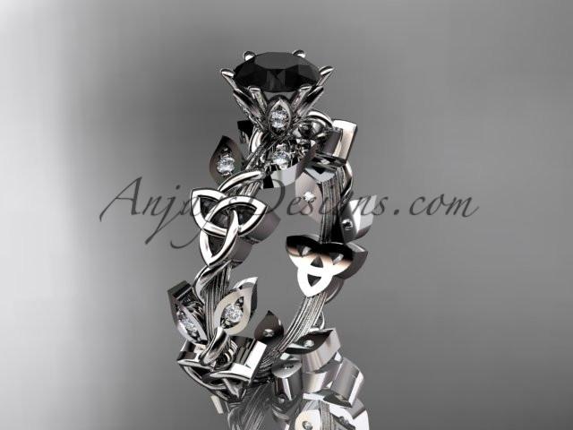 platinum diamond celtic trinity knot wedding ring, engagement ring with a Black Diamond center stone CT7209 - AnjaysDesigns
