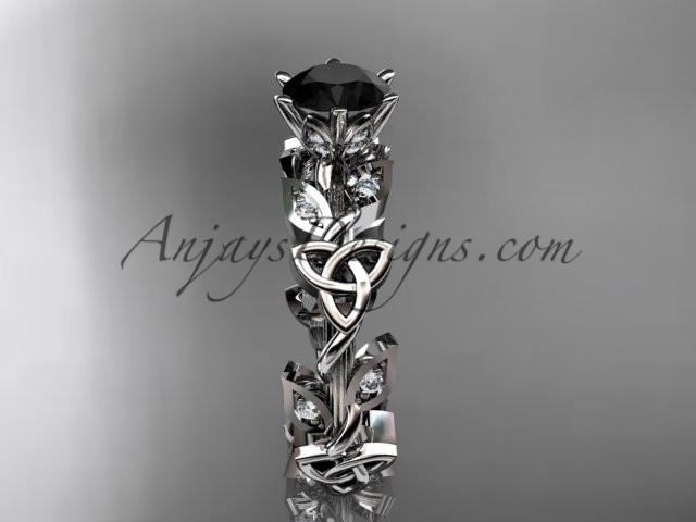 14kt white gold diamond celtic trinity knot wedding ring, engagement ring with a Black Diamond center stone CT7209 - AnjaysDesigns