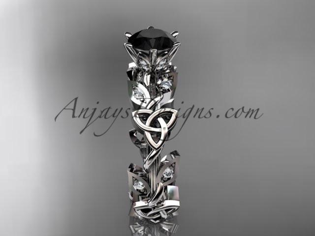 platinum diamond celtic trinity knot wedding ring, engagement ring with a Black Diamond center stone CT7209 - AnjaysDesigns